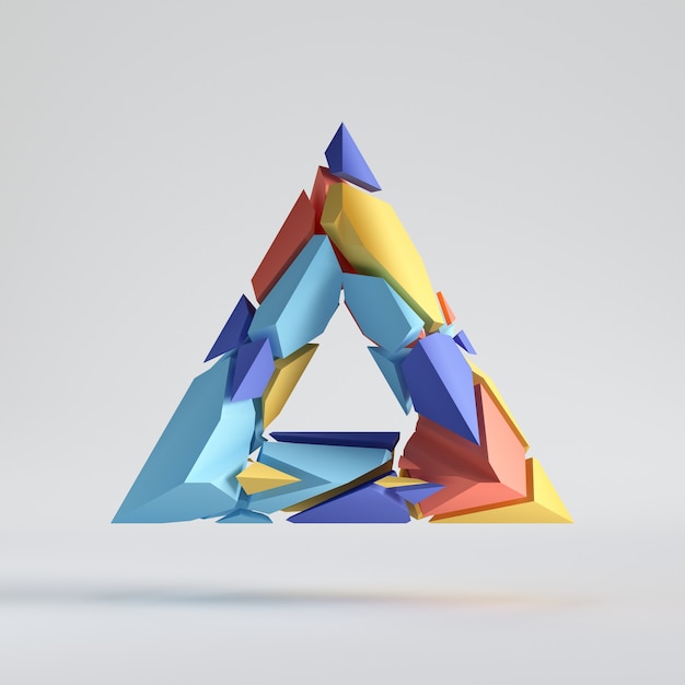 3D render, peças de mosaico aleatórias abstratas, triângulo poligonal colorido quebrado, superfície rachada com furo.