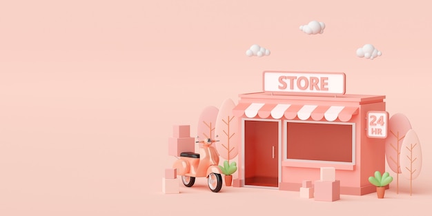 3d render pequeña tienda de conveniencia sobre fondo rosa claro