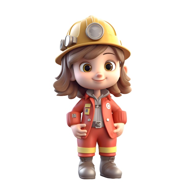 3D Render de un pequeño bombero con casco y uniforme