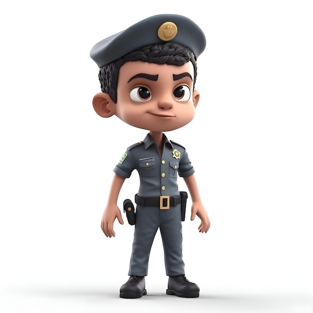 3D Render de un pequeño policía sobre fondo blanco con trazado de recorte