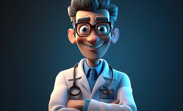 3d Render, Personagem De Desenho Animado Médico Usa Óculos Mostra