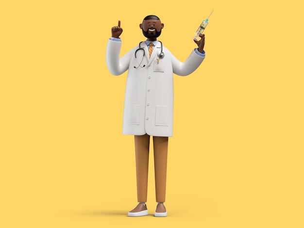 Foto 3d render personaje de dibujos animados africano médico sostiene una jeringa con vacuna contra el coronavirus