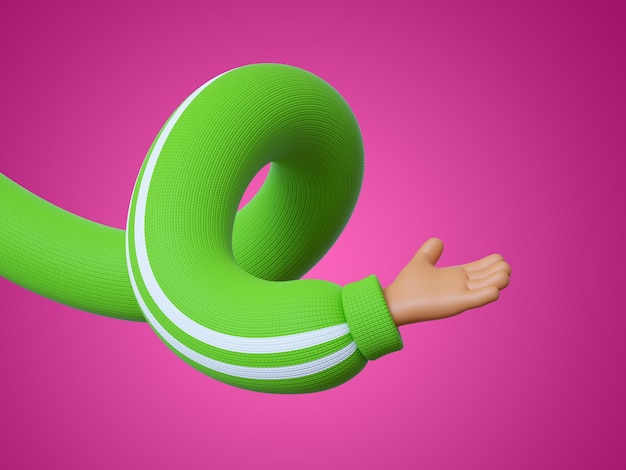 3d render personaje de dibujos animados divertido mano espiral flexible en manga verde con rayas blancas palma abierta