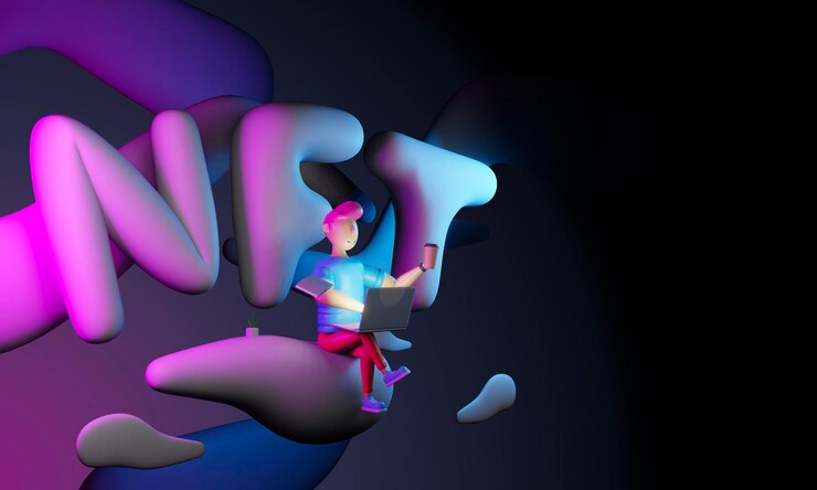 Foto 3d render un personaje muy lindo se comunica en el metaverso contra el telón de fondo de la nft