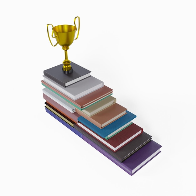 3D render pila de libros con un trofeo de oro