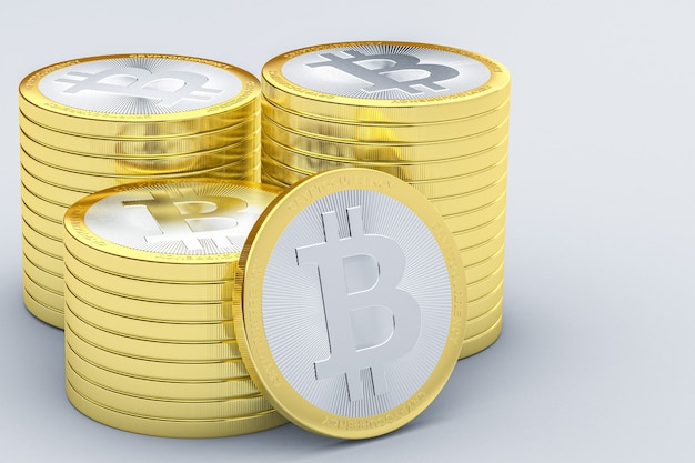 3d render pilas de bitcoins de oro aisladas sobre fondo blanco