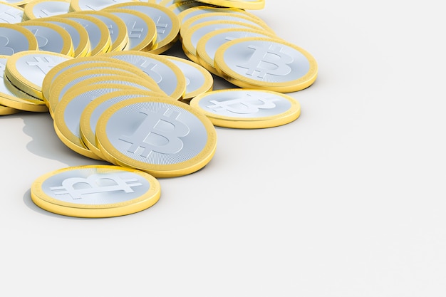 Foto 3d render pilas de bitcoins de oro aisladas sobre fondo blanco