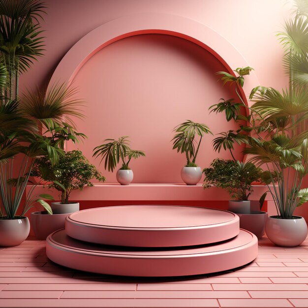 3d Render pink círculo pódio com fundo moderno e decoração de plantas