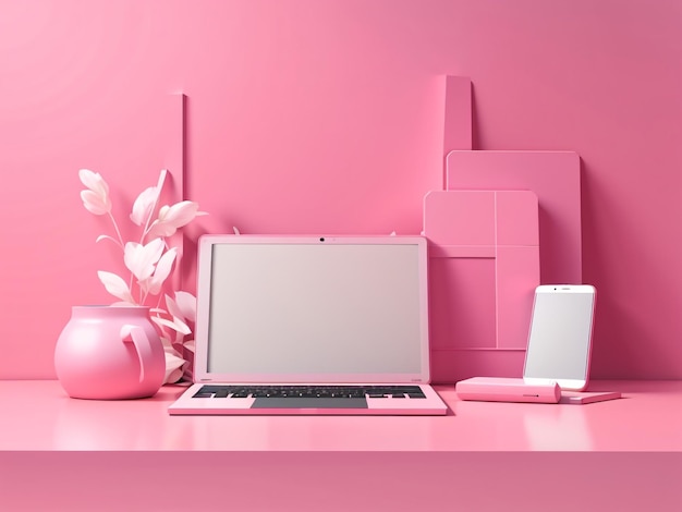 3D Render Pink Computadora portátil y teléfono inteligente Conjunto tecnológico elegante