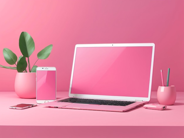 3D-Render Pink Computer Notebook und Smartphone Stilvolles Tech-Ensemble