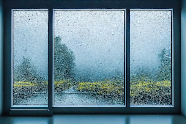 3D Render pintura de arte digital de lluvia fuera de la ventana con enfoque selectivo y borroso