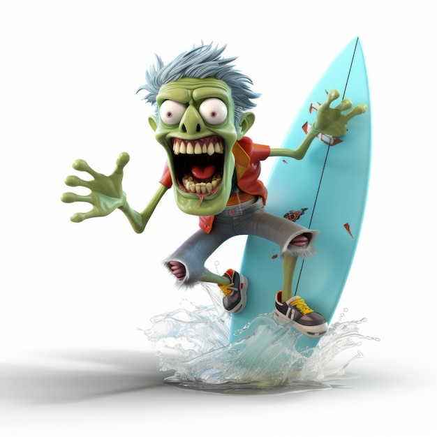 Foto 3d render plastique desenho animado zombie windsurf em fundo branco