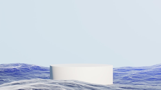 3d render podio blanco en el mar azul realista del océano