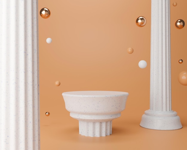 3d render podio blanco vacío con columnas romanas y esferas sobre fondo naranja claro