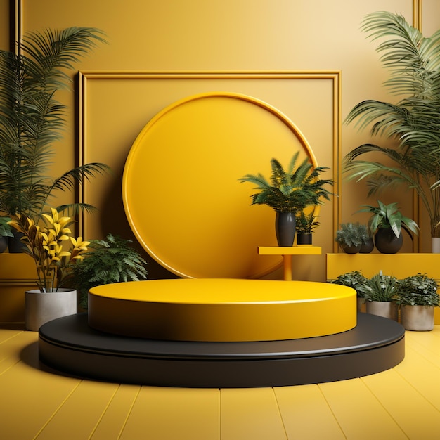 3d Render podio de círculo amarillo con fondo moderno y decoración de plantas