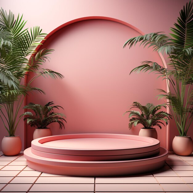 3d Render podio círculo rosado con fondo moderno y decoración de plantas