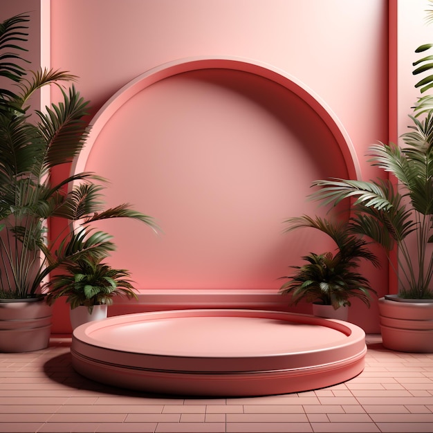 3d Render podio círculo rosado con fondo moderno y decoración de plantas