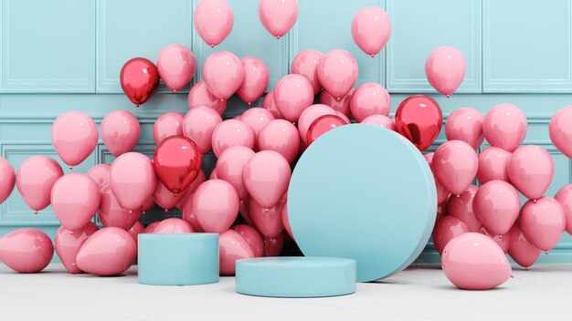 3d render pódio de férias em fundo de luz pastel para o Dia dos Namorados com corações cor-de-rosa