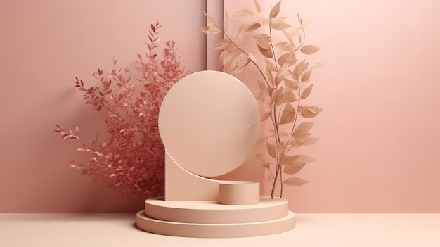 3D render pódio de pedra exótica com sombra de folha e rosa dourada Generative Ai