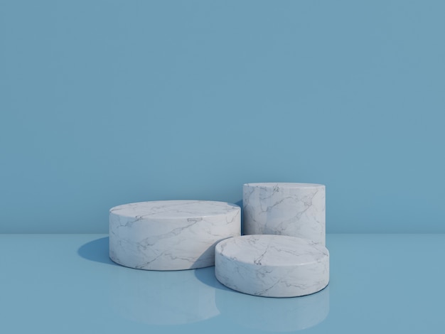 3d render pódios de mármore branco isolados em fundo azul