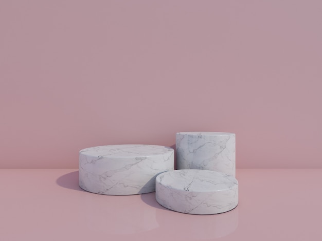 3d render pódios de mármore branco isolados em fundo rosa claro