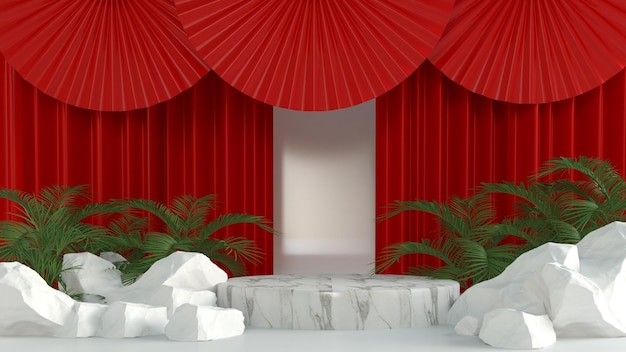 3D-Render-Podium aus weißem Marmor auf rotem Vorhanghintergrund für Premium-Produkte
