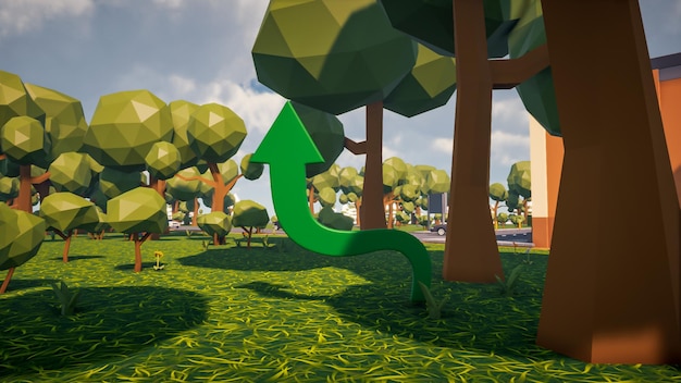 3D Render polígono bajo una flecha verde para mostrar una dirección con el entorno en segundo plano