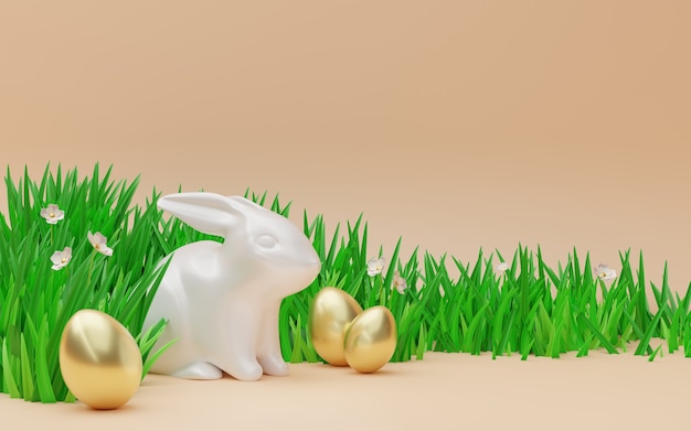 3D-Render "Porzellankaninchen und -gras mit Blumen auf beigem Hintergrund"