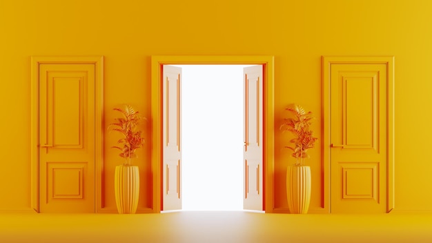 3D Render de puerta amarilla abierta entre puertas cerradas sobre fondo naranja