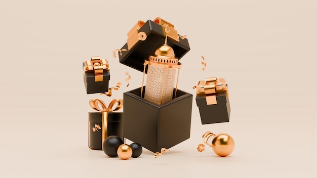 Foto 3d render ramadan fondo con cajas de regalos de linternas y adornos islámicos