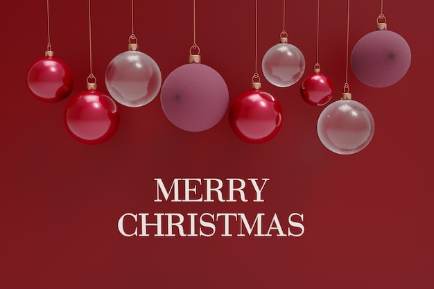 3d render realista de oro rojo y plata colgando bolas de Navidad aisladas