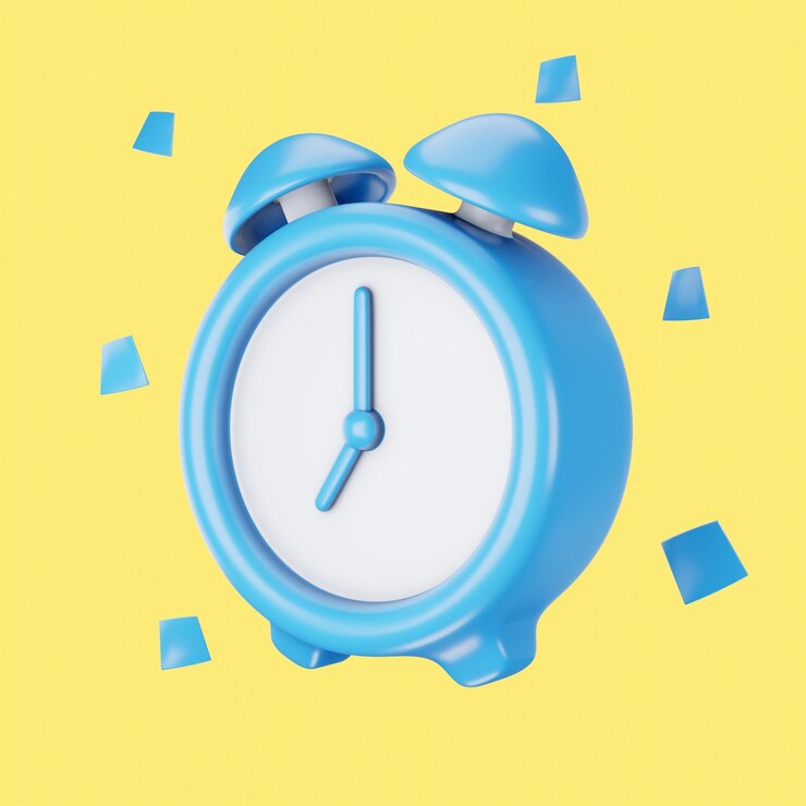 3d render reloj despertador azul con fondo amarillo