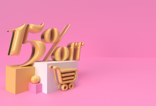 3D Render Resumen 15% Venta de descuento en publicidad de productos de visualización. Diseño de ilustración de cartel de volante.