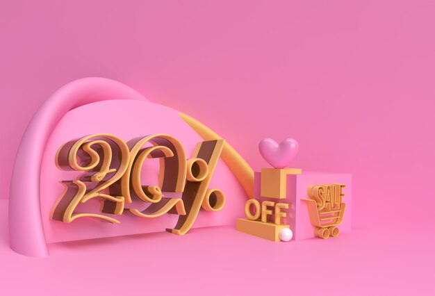 3D Render Resumen 20% Venta de descuento en publicidad de productos de visualización. Diseño de ilustración de cartel de volante.