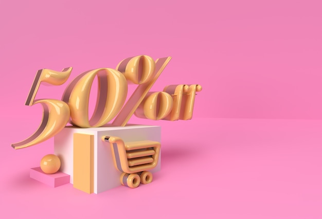 3D Render Resumen 50% Venta de descuento en publicidad de productos de visualización. Diseño de ilustración de cartel de volante.