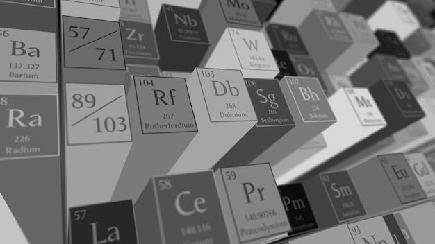 3d render resumen de antecedentes químicos. Tabla periodica de los elementos. Fragmento de la mesa de Mendeleev.