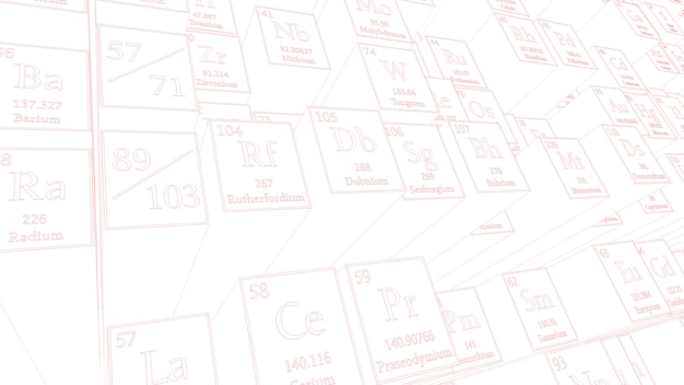 3d render resumen de antecedentes químicos. Tabla periodica de los elementos. Fragmento de la mesa de Mendeleev.