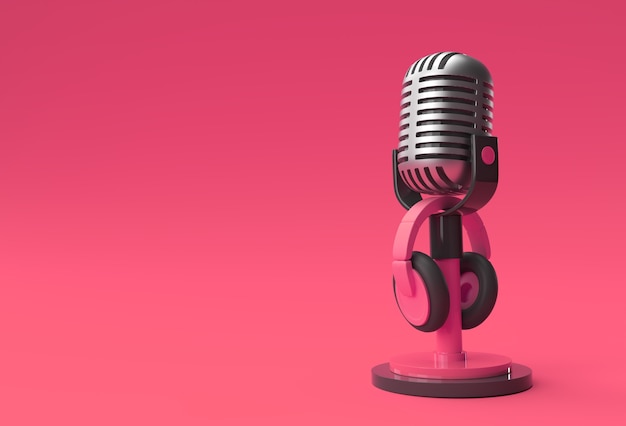 3d render retro microfone em perna curta e suporte com design de ilustração 3d de fone de ouvido.