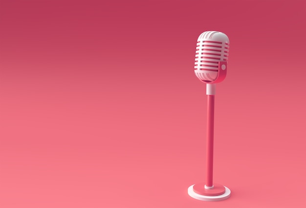 3D-Render-Retro-Mikrofon auf kurzem Bein und Ständer, Musikpreismodell-Vorlage, Karaoke-, Radio- und Aufnahmestudio-Tonausrüstung.