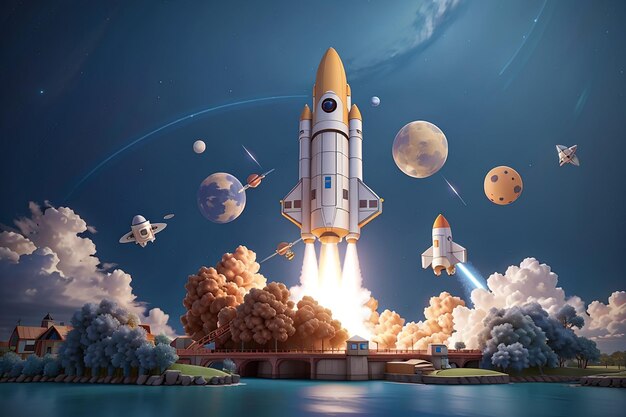 Foto 3d render rocket lança nave espacial ilustração 3d design