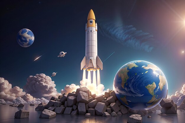 Foto 3d render rocket lança nave espacial ilustração 3d design