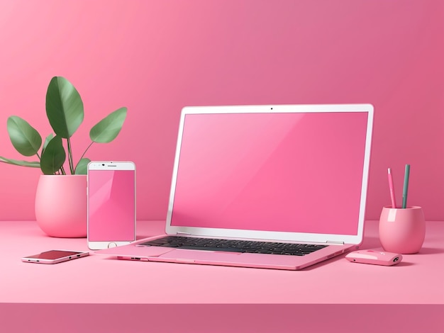 3D render rosa computador notebook e conjunto de tecnologia elegante de smartphone