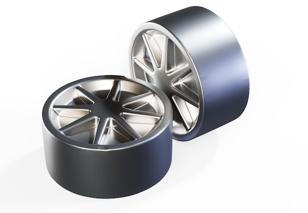 3D Render de rueda de coche de aluminio y disco de freno negro aislado sobre fondo blanco.