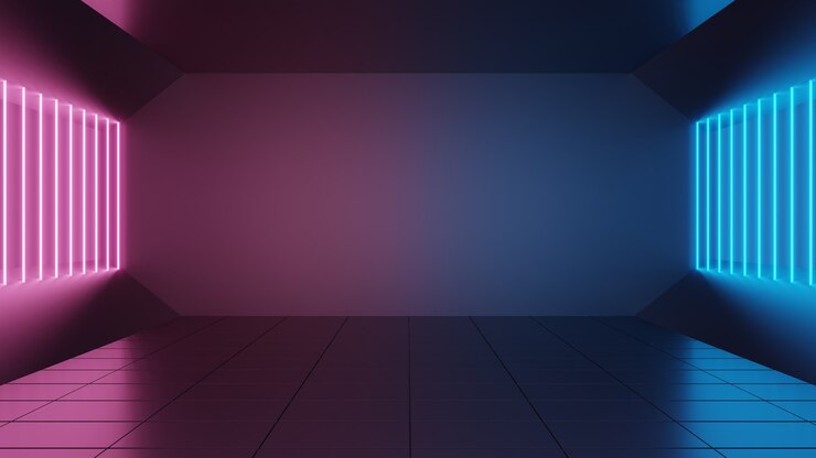 3D render, sala de néon de luz azul, rosa, violeta. Espaço interno abstrato do fundo interior da caixa do quarto vazio do clube noturno. Luz brilhante colorida no quarto escuro simulado para decoração.