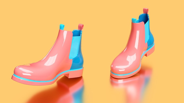 Foto 3d render sapatos azuis rosa pisam em um fundo de moda amarelo