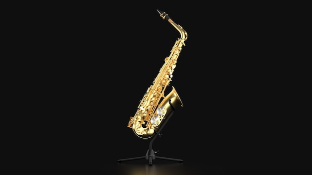 3d render saxofón dorado en el centro de un festival de jazz de música jazz de fondo negro