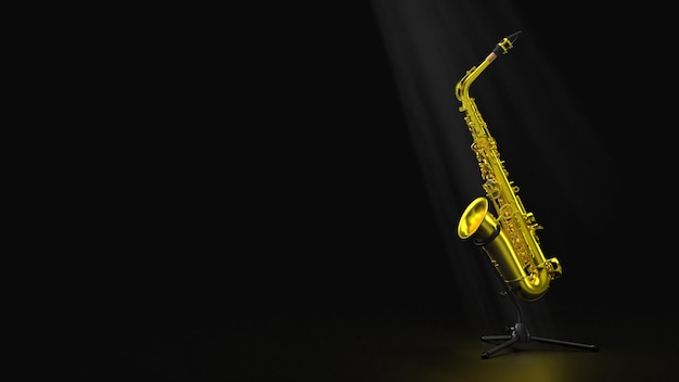 3d render saxofón dorado sobre fondo negro publicidad lugar de jazz para banner de jazz de texto