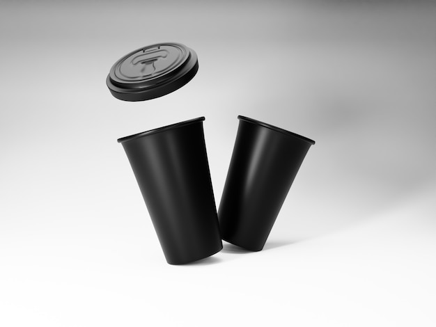 3D-Render-Schwarz-Kunststoff-Kaffeetasse-Mockup-Foto auf weißem Hintergrund