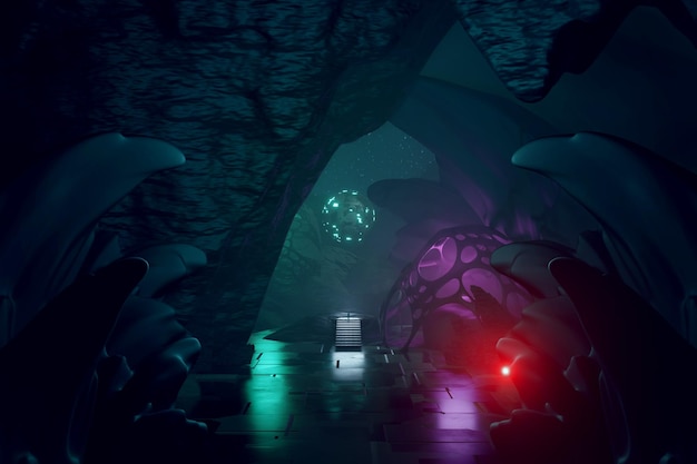 3d Render Scifi Paisaje Escenario post-apocalíptico futurista con paisaje alienígena abstracto Vidrio