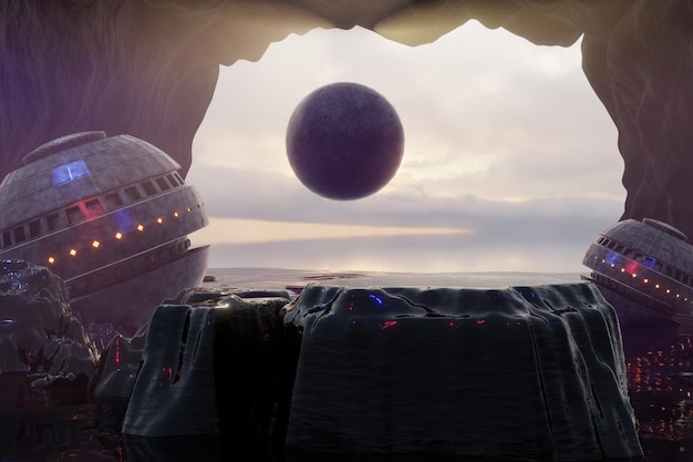3d Render Scifi Paisaje Escenario post-apocalíptico futurista con paisaje alienígena abstracto Vidrio